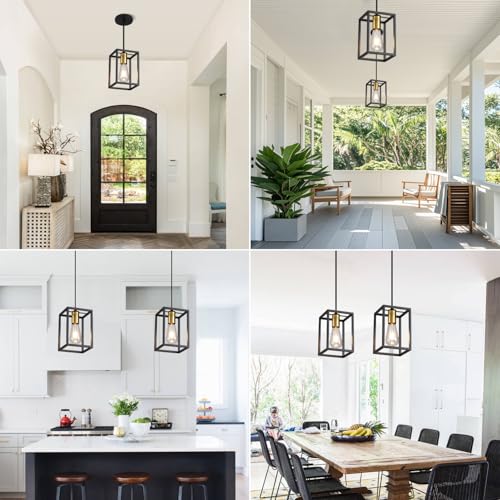 Black Pendant Lights for Kitchen Island Industrial Lantern Pendant Light Fixtures with Golden lamp Cup (3 Count)