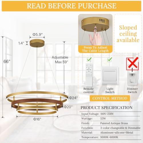 3 Ring LED Chandelier Modern Chandeliers Red Walnut Wood Gold Dimmable 24''