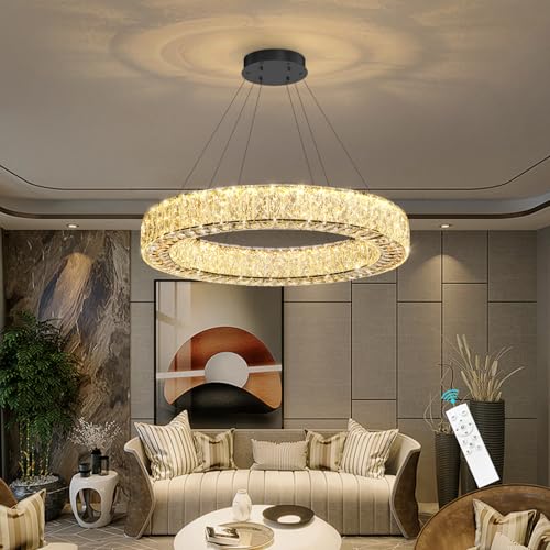 Modern Round Crystal Chandelier Dimmable LED Hanging Light Fixture with Remote for Living Room Dining Room Bedroom Black