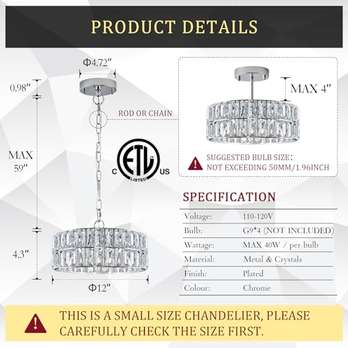 Chrome Crystal Chandelier 12" Modern Ceiling Pendant Light 3