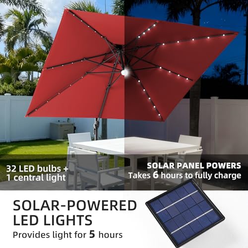 9x9 FT Cantilever Offset Patio Umbrella with Lights & Base