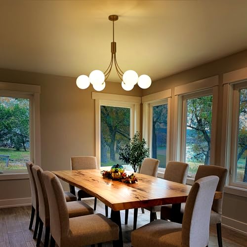 6 Light Modern Gold Sputnik Chandelier Mid Century Brushed Brass Light Fixture with Milk Glass Globes for High Ceiling Dining Room Kitchen Island Living Room