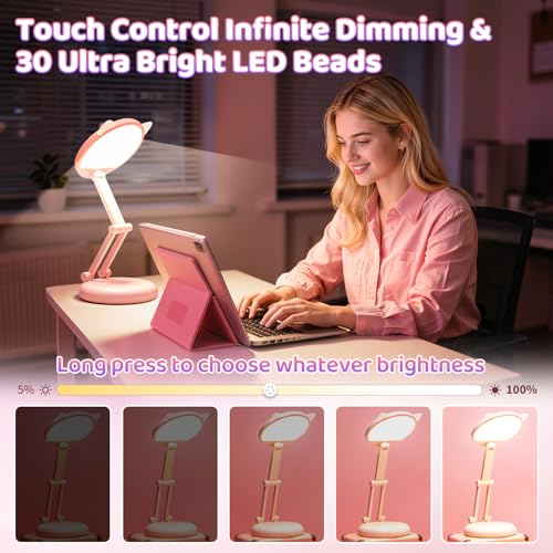 Cute Desk Lamp Pink Dorm Lamps for College Girls Foldable Portable Rechargeable Dimmable Cute Cat Lamp Kawaii Room Decor