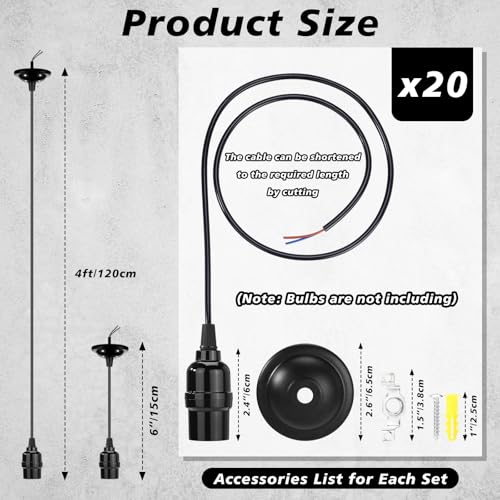 20 Pack Hanging Pendant Light Cord Kit Bulk E27 Base 4ft Adjustable Hanging Heavy Duty Industrial Edison Bulb Lamp Swag Light Kit for Kitchen Dining Room Terraces (20 Count)