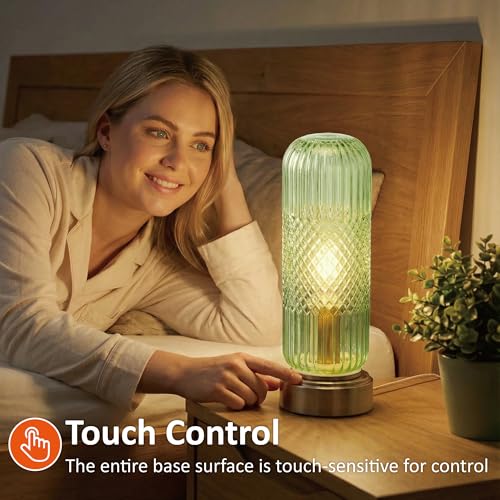 11.6" Touch Dimmable Table Lamp with Ribbed Glass Shade