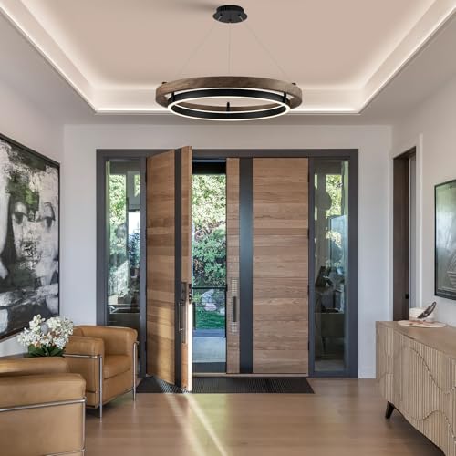 LED 2 Ring Chandelier Dimmable Up Down Light Black Walnut Wood
