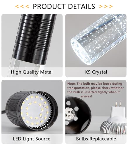 3 Lights Pendants Light for Kitchen Island Chandeliers Dining Room Pendant Lighting Fixture Bubble Crystal Ceiling Hanging Lights Bedroom Island Kitchen 6000K White Light Fixtures Black