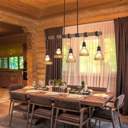 5 Light Kitchen Pendant Lighting Over Island Rustic Solid Wood