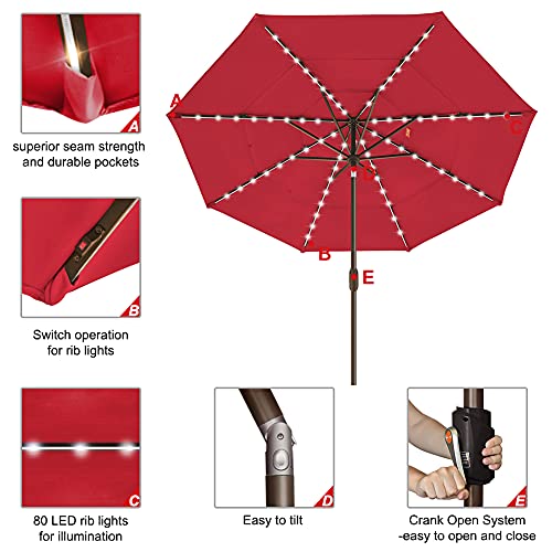 USA 10-Year-Non-Fading 9ft 3-Tier Market Patio Umbrella, Commercial Table Umbrella with 80 Solar LED Lights, Crank Open, Windproof & UPF 50+ UV Protection for Garden, Deck, Pool, Backyard, Logo Red