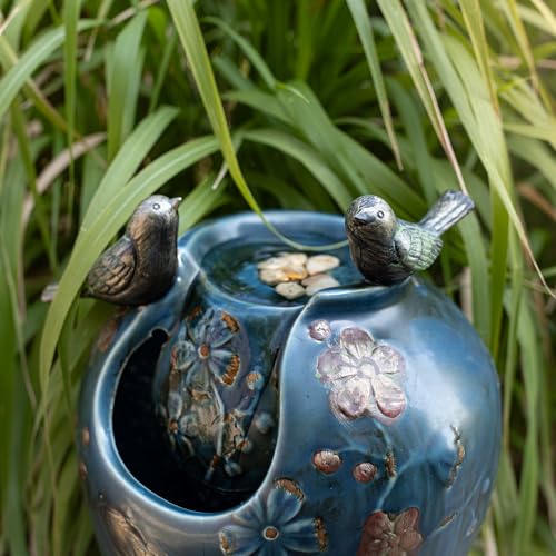 Blue Verdigris Bird Indoor Water Fountain with LED Light and Pump