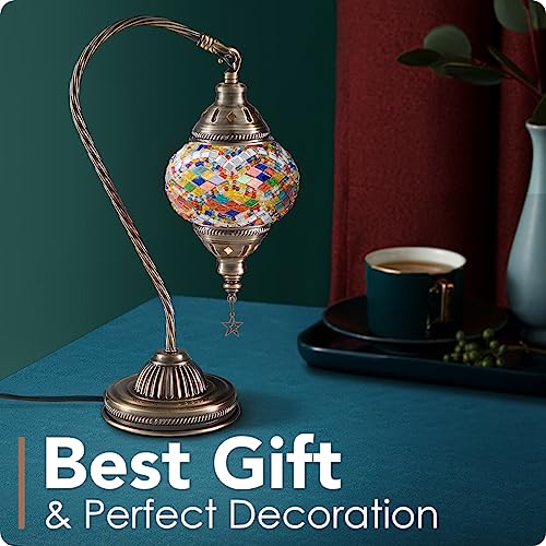 Turkish Moroccan Lamp with Bronze Base 3 Color Options Handmade Swan Neck Mosaic Glass Bedside Lamps for Bedroom