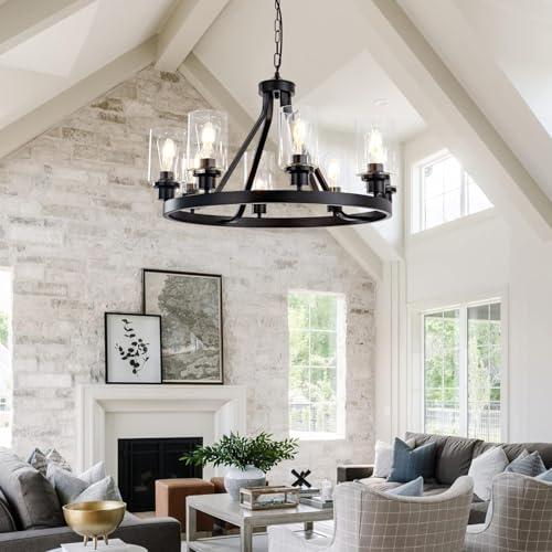 8 Light Black Dining Room Light Fixtures Farmhouse Wagon Wheel Chandelier Kitchen Island Pendant Lights Modern Industrial Rustic Adjustable Height Metal E26