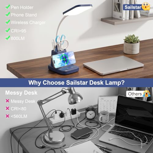 LED Desk Lamp with 10W Wireless Charging & Pen Holder