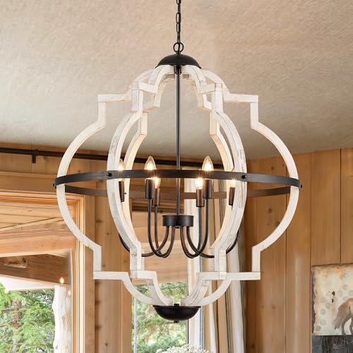 8 Light White Wood Farmhouse Chandelier for Dining Room