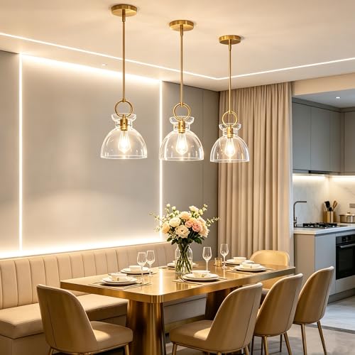 Gold Pendant Light Kitchen Island with 9.84'' Clear Glass Shade