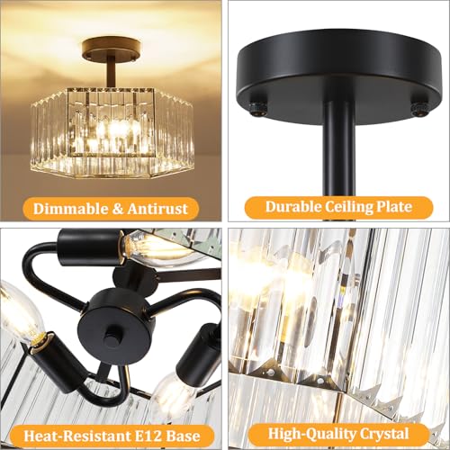 Modern Black Semi Flush Mount Ceiling Light Crystal Entryway Light Fixture