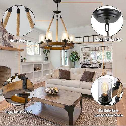 Rustic 6 Light Wagon Wheel Chandelier