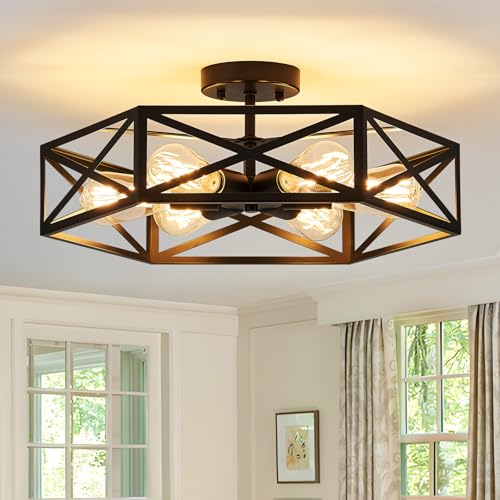 Modern Farmhouse Black Metal Semi Flush Mount Ceiling Light Fixture 19.7 in