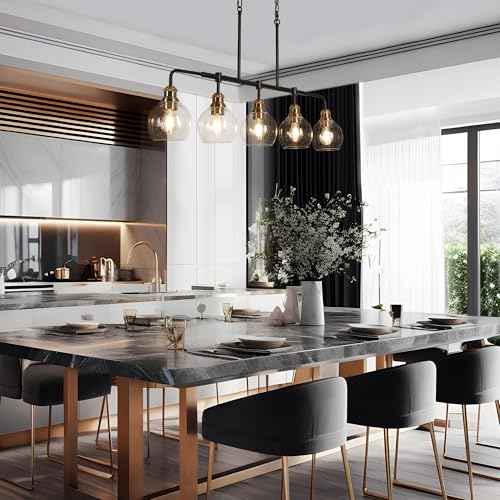 KSANA Chandeliers for Dining Room, 5 Light Linear Chandelier Modern Farmhouse Kitchen Island Light with Seeded Glass Pool Table Light for Kitchen, Dining Room, Living Room