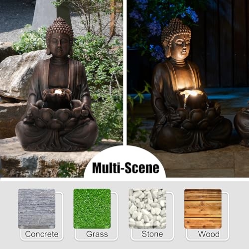 Zen Style Meditating Buddha Statue Fountain Polyresin Outdoor Decoration with Pump and LED Light