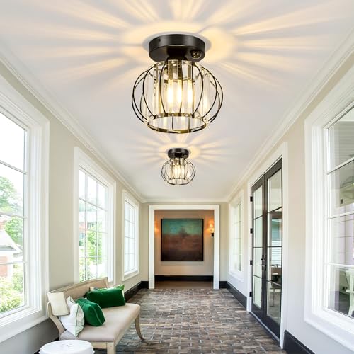 Indoor Motion Sensor Ceiling Light Fixture Modern Cryatal Semi Flush Mount Ceiling Light Black Ovrehead Light Fixture for Porch Hallway Front Entryway Kitchen Hall Garage