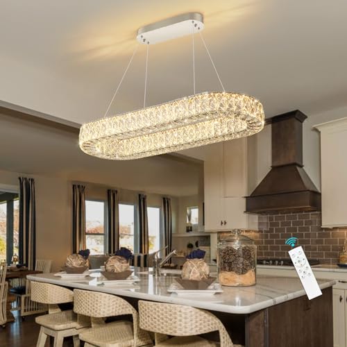 Modern Crystal LED Chandelier Dimmable Oval Chandeliers Rectangular Dining Room Light Fixture with Remote for Living Room Kitchen Island Silver