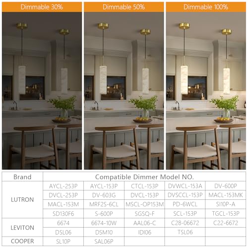 Natural Alabaster Pendant Lights for Kitchen Island White Marble Long Tube Chandelier Modern 4000K Gold Ceiling Light Fixtures for Bedroom Dining Room Table Living Room Hallway (2 Count)