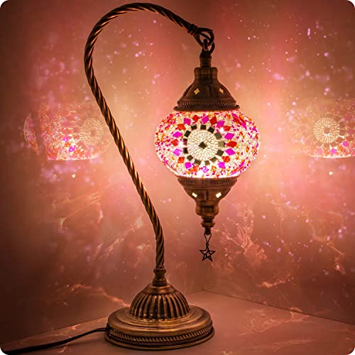 Turkish Moroccan Lamp with Bronze Base 3 Color Options Handmade Swan Neck Mosaic Glass Bedside Lamps for Bedroom