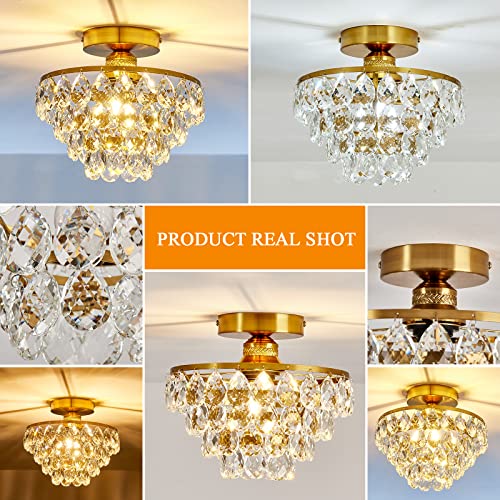 Modern E26 Small Crystal Chandelier Semi Flush Mount Ceiling Light Fixture Gold Ceiling Lamp for Hallway Bedroom Bathroom Closet Bedroom Foyer