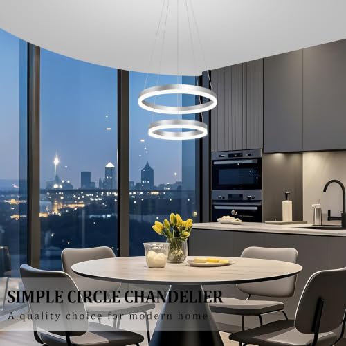 Modern Nickel Led Chandelier 2 Rings Dimmable LED Chandeliers with Remote Control Light Fixture for Kitchen Island Height Adjustable Chandelier Led Pendant Light for Living Room Dining Room