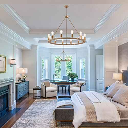 12-Lights Wagon Wheel Chandelier Bohemia Hand Woven Rattan Chandelier Farmhouse Large Pendant Light for High Ceilings Living Room Dining Room, Brass, Dia 42 Inch, UL Listed