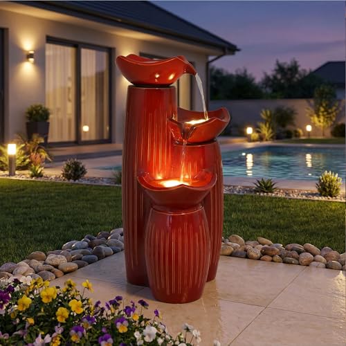 30" Ceramic Outdoor Water Fountain with LED Lights