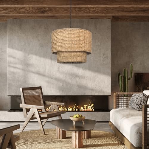 Large Rattan Chandelier Natural Woven Double Drum Pendant Light Vintage Ceiling Hanging Light Fixture for Kitchen Island Bedroom Hallway 23.62"