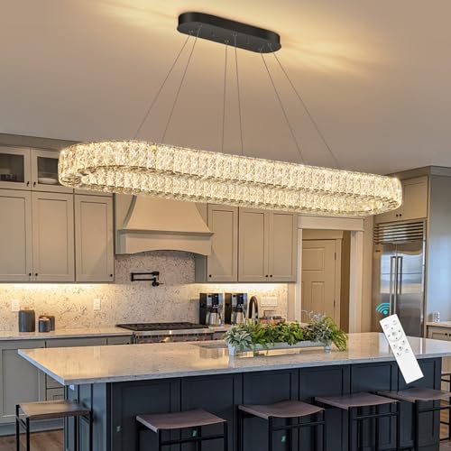 Modern Oval Crystal Chandelier for Dining Room Rectangular Ceiling Light Fixture Dimmable LED Chandeleirs for Living Room Kitchen Island Black