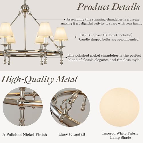 6 Lights W34in Polished Nickel and White Pleated Fabric Chandeliers for Dining Room Mid Century Modern Large Round Chandeliers for Classic Living Room