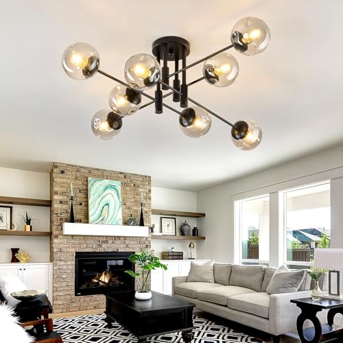 8 Light Glass Globe Ceiling Light Black Mid Century Flush Mount Sputnik Light Fixture Bubble Chandelier Living Room Farmhouse for Dining Room Kitchen Bedroom