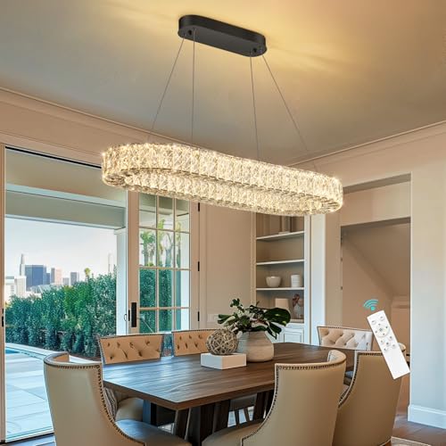Modern Crystal LED Chandelier Dimmable Oval Chandeliers Rectangular Dining Room Light Fixture with Remote for Living Room Kitchen Island Silver