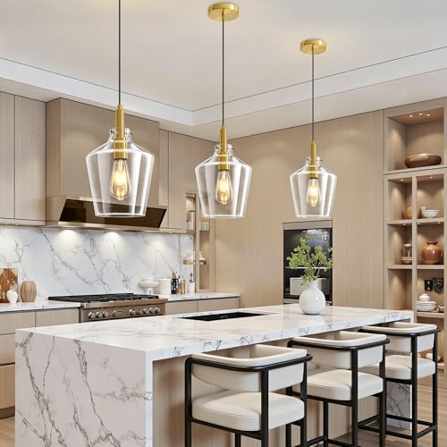 Glass Pendant Lighting for Kitchen Island Entryway 3 Pack Gold Clear 8 Inch (3 Count)