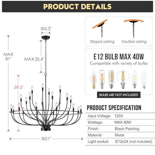 24 Light Black Chandelier 51'' Large Candle Chandeliers for High Ceiling Foyer Modern Farmhouse Chandelier Light Fixture for Large Living Room Dining Room Stairs Entry Restaurant Hotel