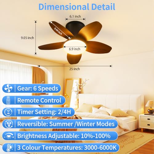 25" Small Ceiling Fans with Lights & Remote (Dark Brown)