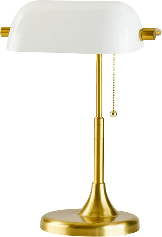 Vintage Bankers Desk Lamp with White Glass Shade, Classic Table Lamp with Pull Chain Switch, Retro Bedside Reading Light for Home Office or Study Room, Gold Metal Base