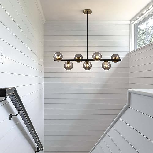 7 Light Mid Century Modern Black Brass Gold Linear Sputnik Chandelier