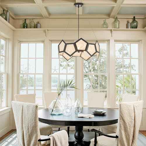 Black Modern Chandelier for Dining Room, 5-Light Glass Chandeliers for Bedroom, Drum Pendant Light Fixtures for Entryway Living Room Hallway Foyer