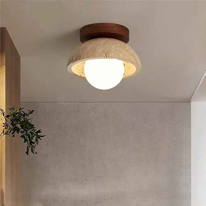 Wabi-Sabi Flush Mount Ceiling Light, Nordic Minimalist Travertine-Look Shade & Wood Base, Natural Globe LED Ceiling Lamp, Earthy Indoor Lighting for Bedroom, Hallway, Entryway Decor.