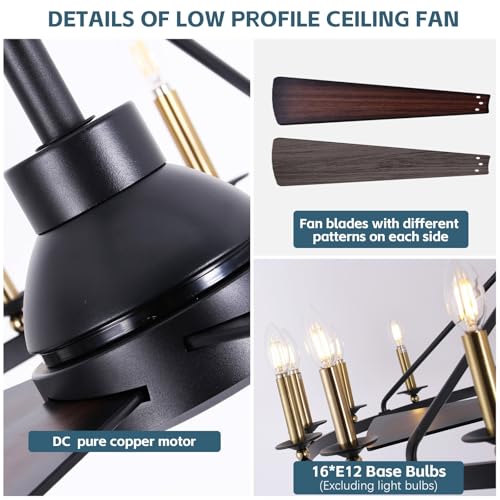 44" Black+Gold Wagon Wheel Chandelier with Fans