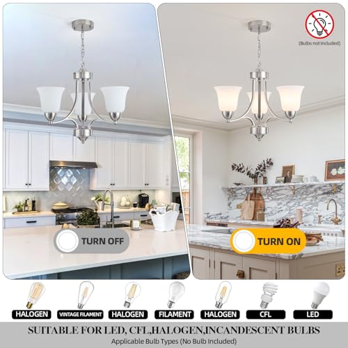 3 Lights Farmhouse Chandelier Brushed Nickel Modern Dining Room Light Fixture Silver Adjustable Ceiling Hanging Pendent Lighting with Frosted Glass for Kitchen Island