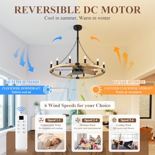 Natural Wooden Wagon Wheel Chandelier Fans 12