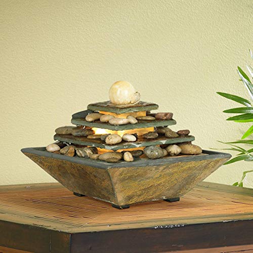 Pyramid 9" High Slate Stone Feng Shui Table Indoor Fountain with LED Light