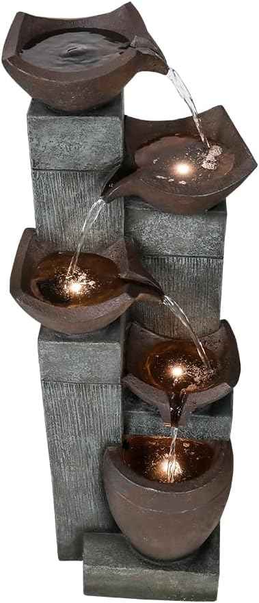 SunJet 39.7” Indoor/Outdoor Garden Water Fountain with Led Lights, 5-Tiers Modern Floor-Standing Cascading Water Feature for Home Deck, Patio, Porch, Yard Decor