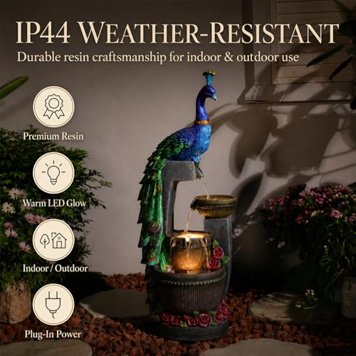 Outdoor Water Fountain 41" H Cascading Peacock Waterfall Fountain with LED Lights & Pump Tiered Water Feature for Garden